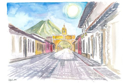 Antigua Guatemala rue coloniale avec l'arc de Santa Cataline