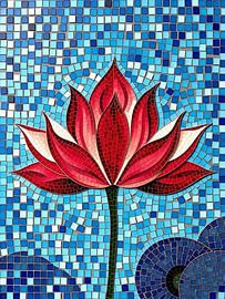 Majestic Crimson Lotus Flower Mosaic with Shimmering Blue Water Background by Artistic