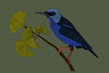 Purperen suikervogel en Gingko blad van Kirtah Designs