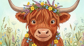 Fröhlicher schottischer Hochlandrinder mit Blumenkranz – Aquarell-Kinderbild von Julian Cross