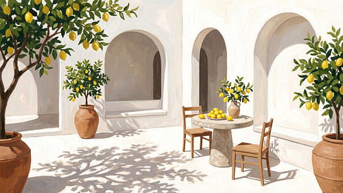 Sonnendurchflutete Terrasse im Innenhof einer mediterranen Villa