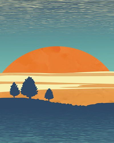 Drie bomen bij zonsopkomst in retro-style