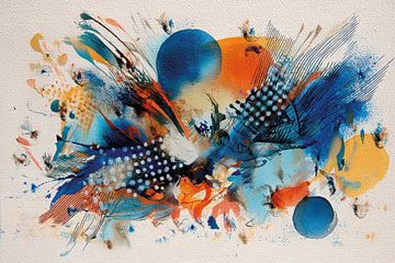 Abstract schilderij, levendig en dynamisch, blauw, turkoois, oranje van Joriali Abstract
