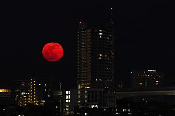 Rode maan boven de brug  van Ronald George
