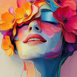 Kleurrijk portret dame met bloemen van Wilma Mesman