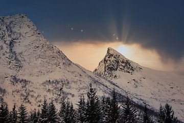 Besneeuwde bergen in Lofoten, Noorwegen van Anam Nàdar