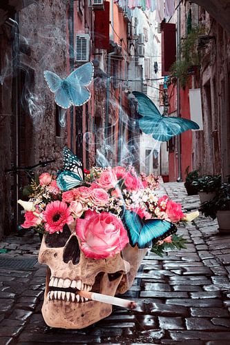 Beeldmanipulatie: Schedel in Steegje met Bloemen en Blauwe Vlinders - Symboliek en Mysterie in Kunst
