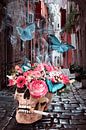 Beeldmanipulatie: Schedel in Steegje met Bloemen en Blauwe Vlinders - Symboliek en Mysterie in Kunst van Elianne van Turennout thumbnail