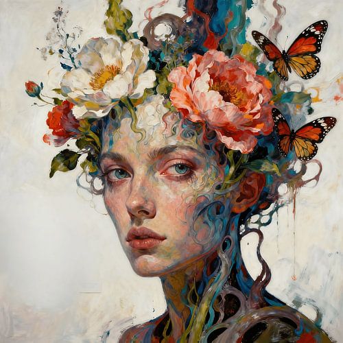 Abstract surrealistisch portret met bloemen en vlinders