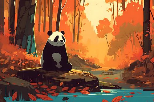 Panda méditant le long d'une rivière
