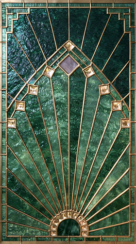 Donkergroen Art Deco Glas-in-Lood Schilderij: Waaier van Rust en Glamour