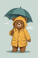 Cartoon bear wears mackintosh with umbrella