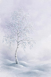 Minimalistisch winterlandschap in aquarel met een besneeuwde berk