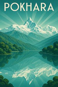 Pokhara Reflections - Art Deco Himalaya Tranquility Poster