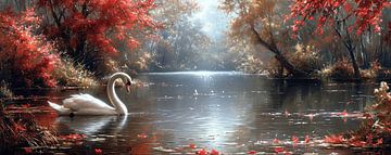 Herfst Zwanenschilderij | Autumn Whisper by the Lake van Blikvanger Schilderijen
