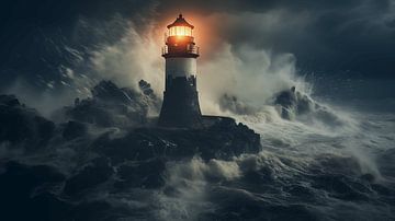 Lighthouse at night, lighthouse in the fog of a North Sea storm by Animaflora PicsStock