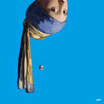 Vermeer Meisje met de Parel Ondersteboven - popart blauw van Miauw webshop