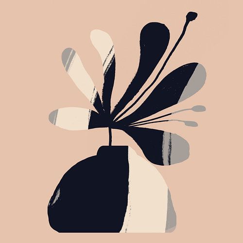 Bloem in vaas. Boho Retro Abstract stilleven. Zwart-wit.