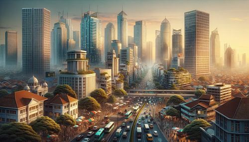 Jakarta's moderne hartslag bij zonsondergang