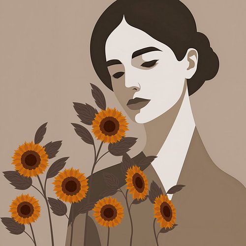 Modernes minimalistisches Porträt einer Frau mit Sonnenblumen