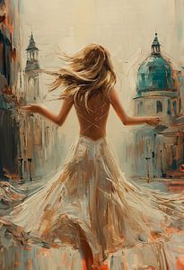 Dansende dame in de straten van een stad met zomers jurkje van Margriet Hulsker