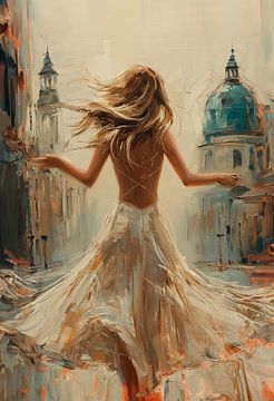 Dancing lady on city streets with summer dress by Margriet Hulsker