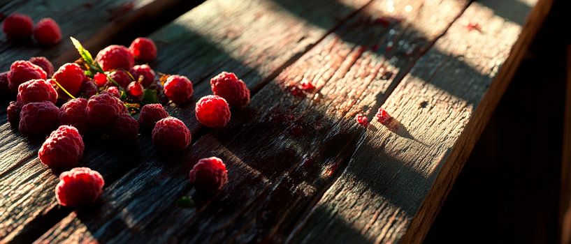 Saftige Himbeeren auf Holzplatte von Poster Art Shop