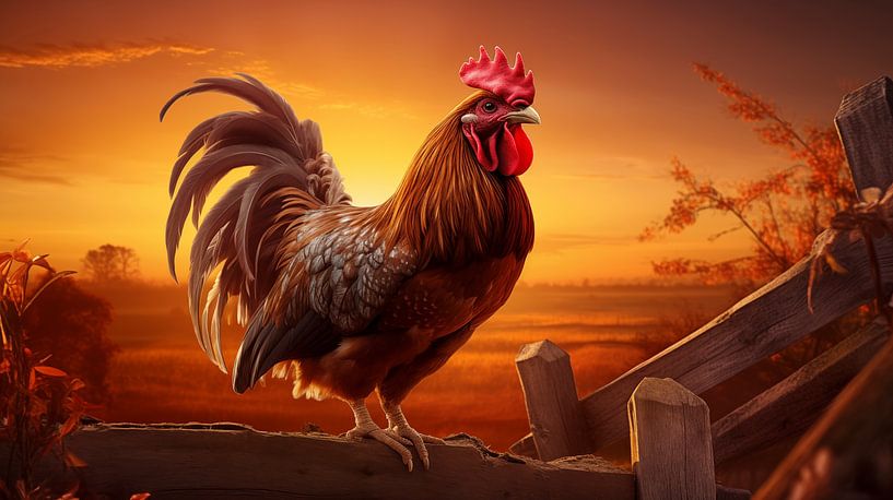 Un coq chante au lever du soleil, perché sur une vieille clôture en bois, avec le soleil qui se lève en arrière-plan. par Animaflora PicsStock