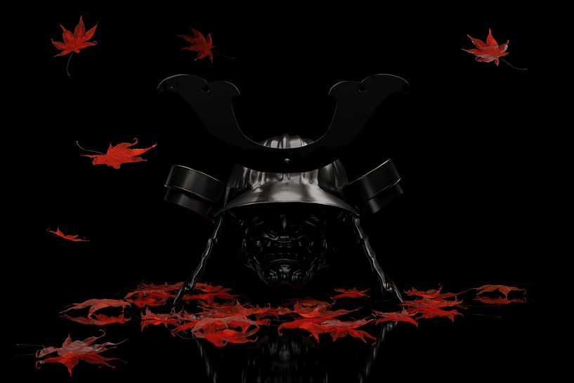 Antiker Samurai-Helm mit Maedate-Verzierung, umgeben von Ahornblättern von Besa Art