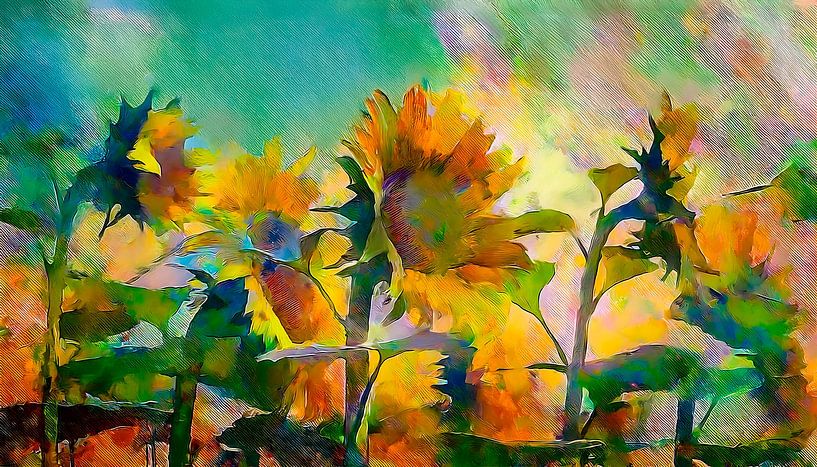 Zomers schilderij: Zonnebloemen in volle bloei. van Studio Pieternel