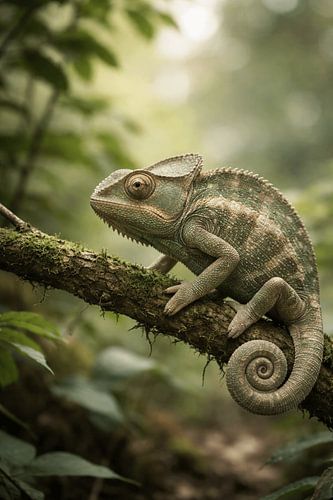 Chamäleon auf einem moosbewachsenen Ast – Natürliche Makro-Wildtierfotografie mit weichem Bokeh