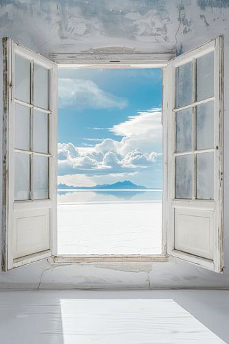 Salzsee-Landschaft durchs Fenster