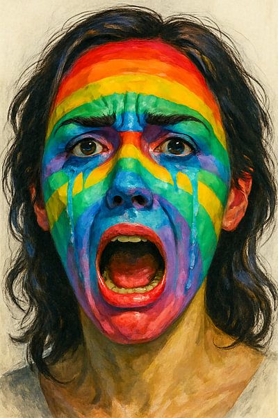 Shocked woman with rainbow face paint crying by Michar Peppenster