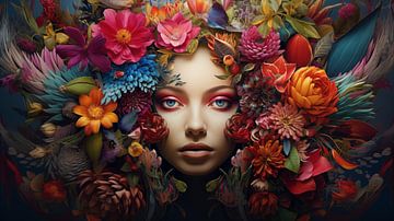 Jonge vrouw omringd door bloemen abstract kunstontwerp