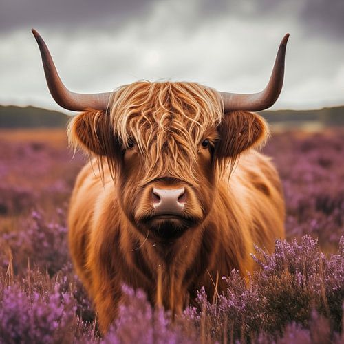 Schotse hooglander in een heidelandschap