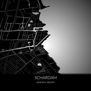 Carte en noir et blanc de Schardam, en Hollande du Nord. sur Rezona