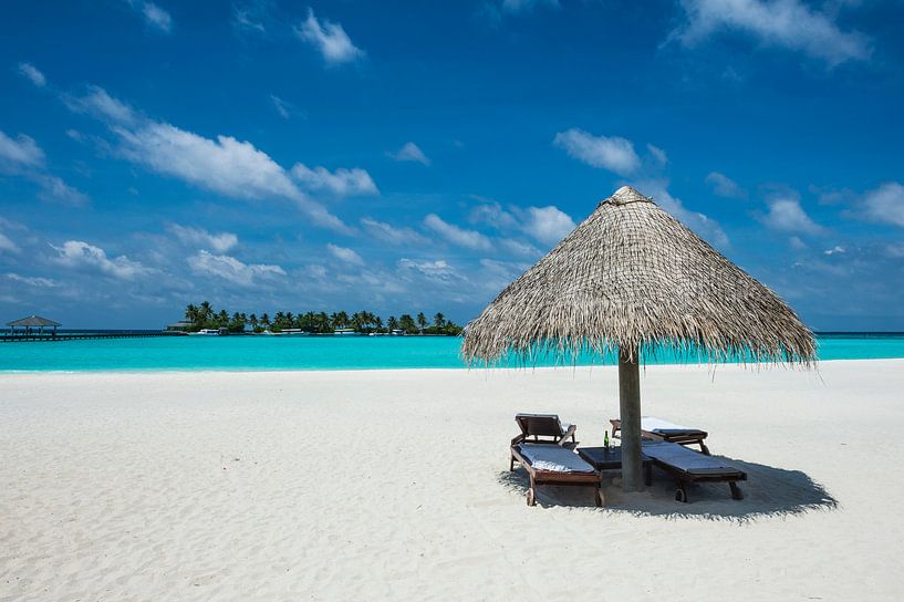 LPH 71161639 Parasol aan een wit strand met turquoise water, Malediven, Indische Oceaan van BeeldigBeeld Food & Lifestyle