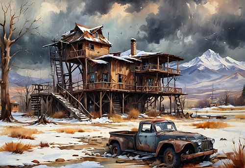 Wild West farm with pick-up truck, steampunk