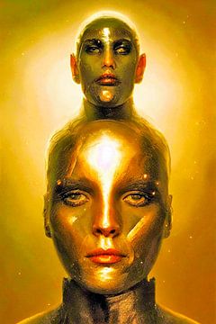 Abstraktes surrealistisches Frauenporträt in Gold. von Ineke de Rijk