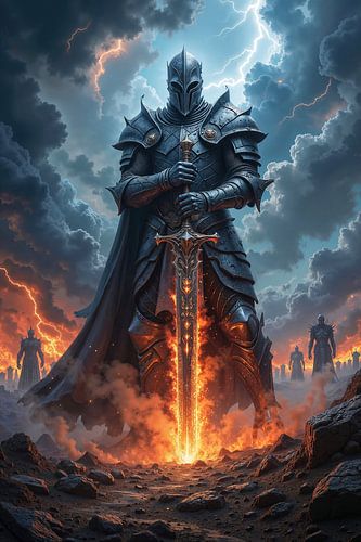 KALDRON - A Dark Knight with a Burning Sword in a Thunderstorm