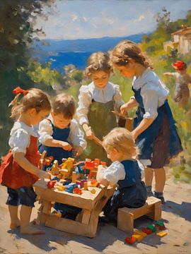 Impressionism children playing outdoors by Jolique Arte