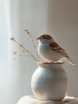 Mus in Balans - mus op vaas met bruine takjes; natuur, zen beihe bruin wit