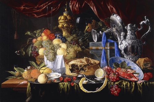 A Pie on a Pewter Plate, a Partly peeled Lemon, A Silver Spoon on a Pewter Plate, Crayfish and Shrim