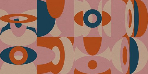 Abstracte retro geometrie in roze, oranje, groenblauw, wit.
