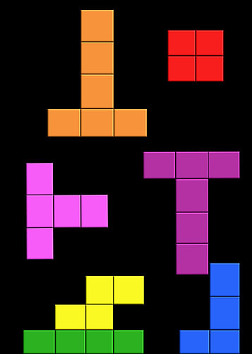 Tetris – Retro Game Kunst met Kleurrijke Tetris Blokken op Zwarte Achtergrond