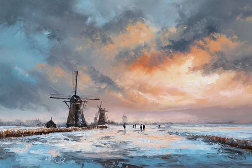 Winters Nederlands landschap met molens