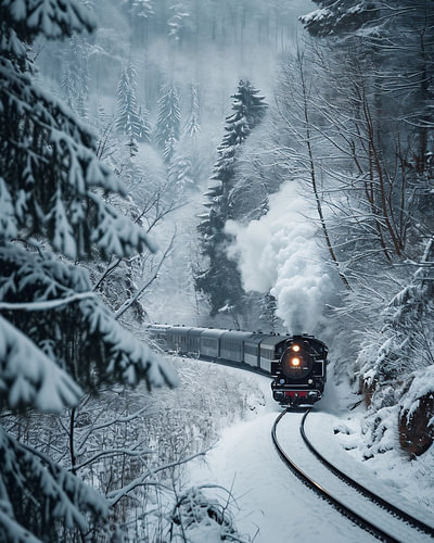 Train historique dans la forêt hivernale