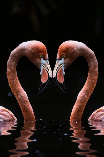 Twee flamingos vormen hart in water