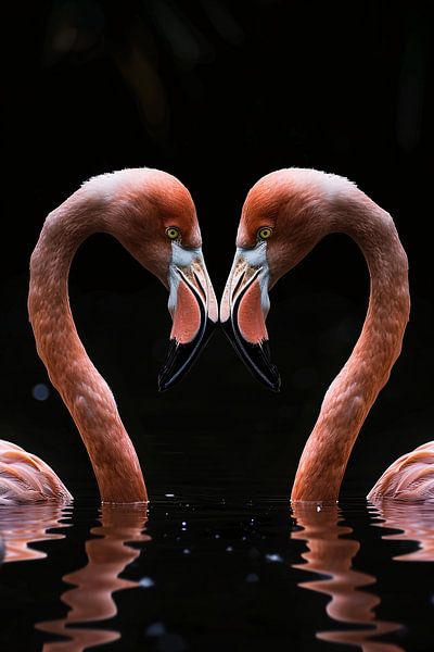 Deux flamants roses forment un cœur dans l'eau par Art & Soul Creations