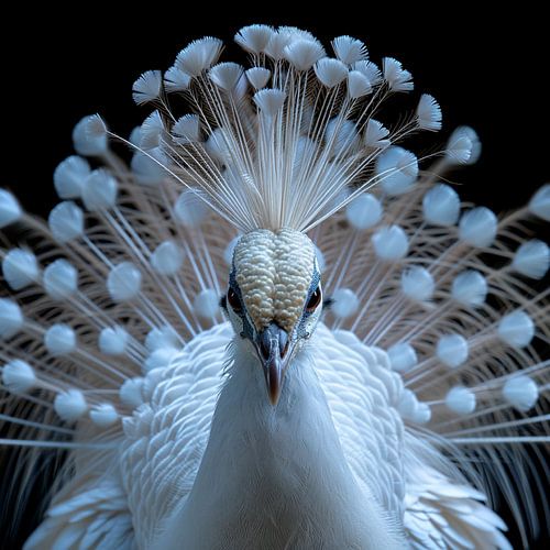 Ein eleganter weißer Pfau, der sein Gefieder zur Schau stellt
